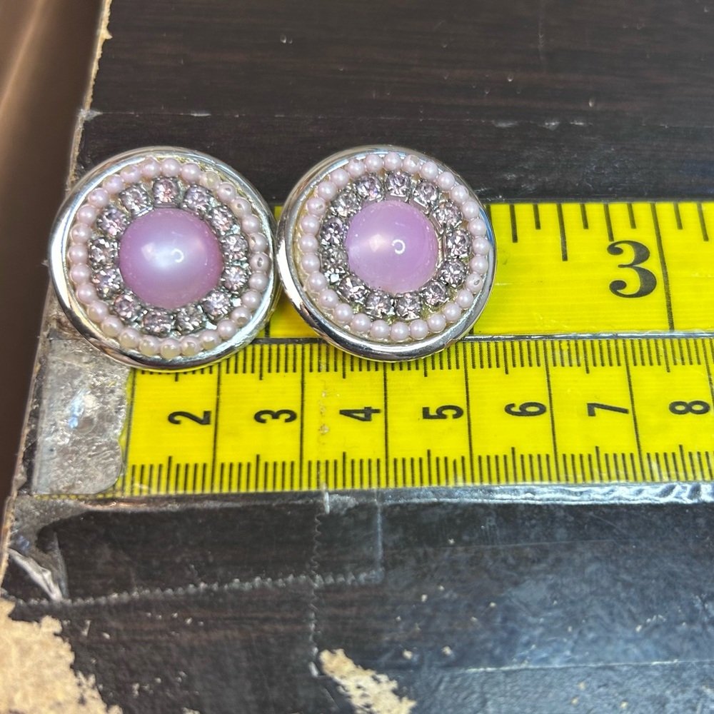 Costume jewelry Round clips on‎ earrings pink white pearls with rhinestones - Picture 9 of 10